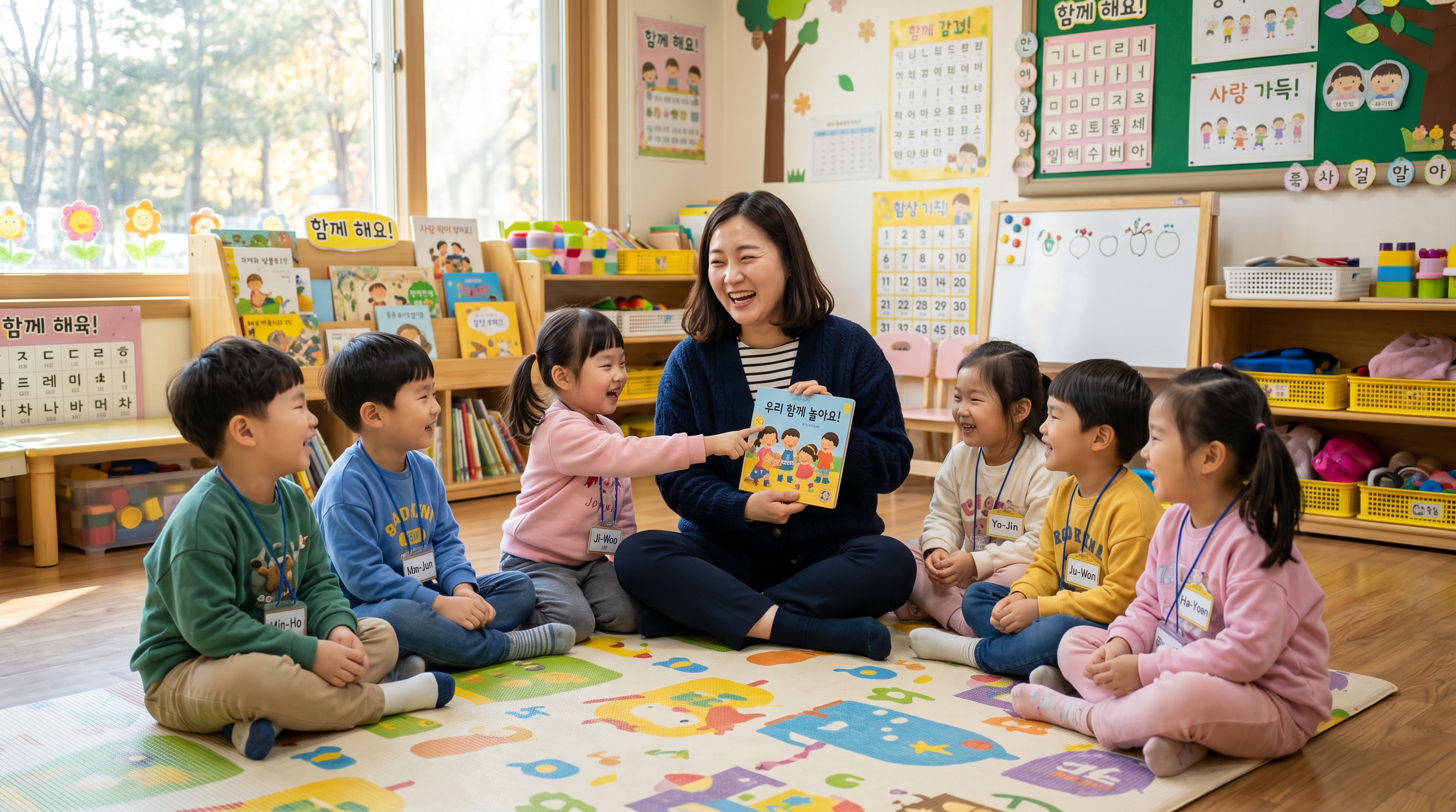 한국 어린이집 선생님과 아이들이 웃으며 함께하는 모습